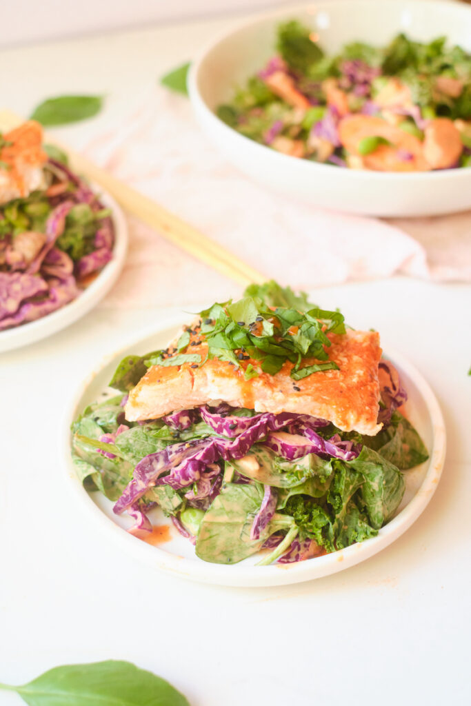 Fillets of salmon piled with fresh basil sits atop an asian sesame salads with fresh veggies