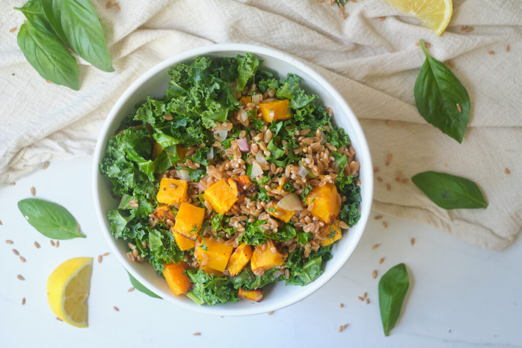 Overhead view of a bowl of farro butternut squash salad with kale and herbs