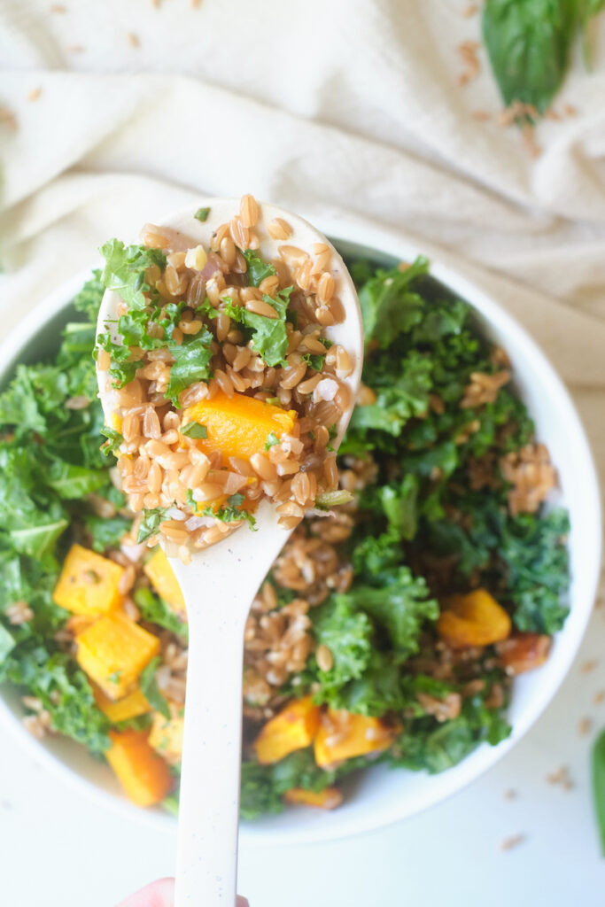A spoon full of farro butternut squash salad with kale and herbs is held over a bowl of the salad