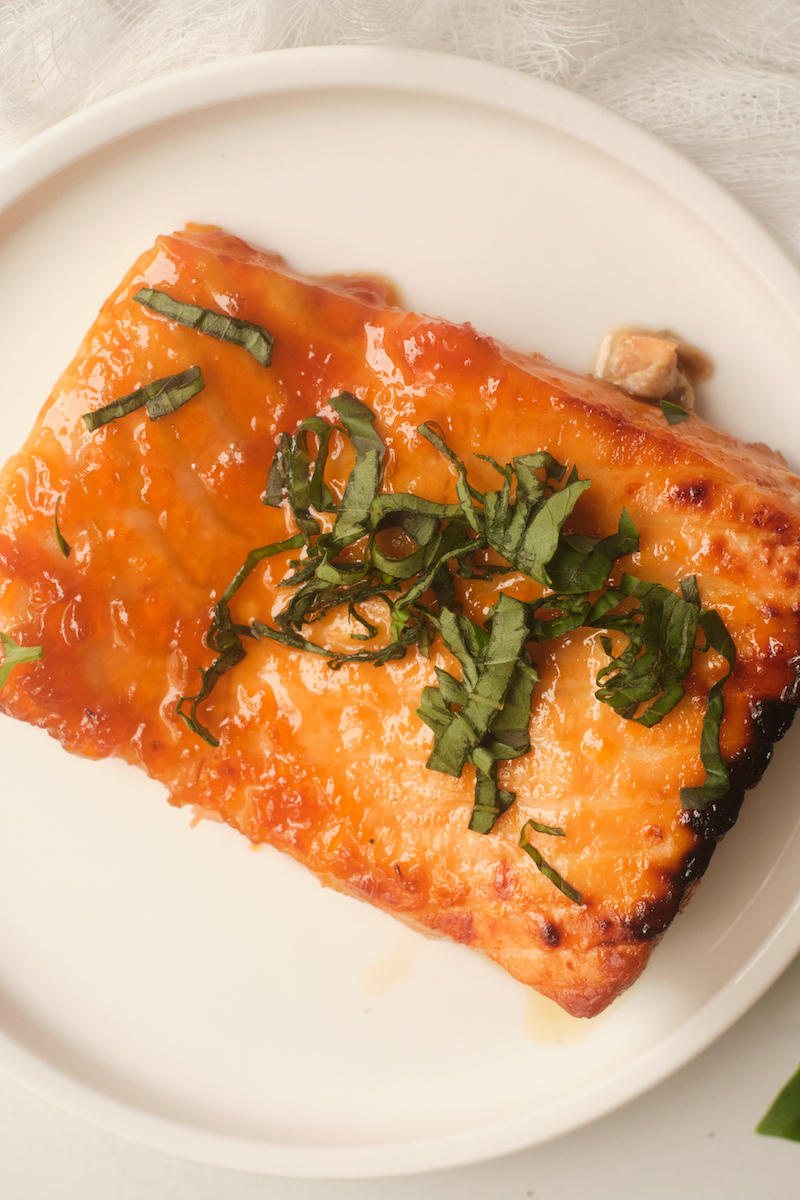 Easy Baked Apricot Glazed Salmon With Basil Chiffonade