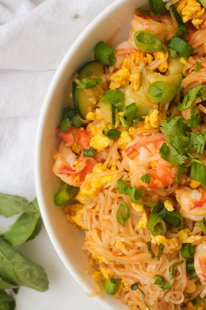 Spicy shrimp noodles in a bowl