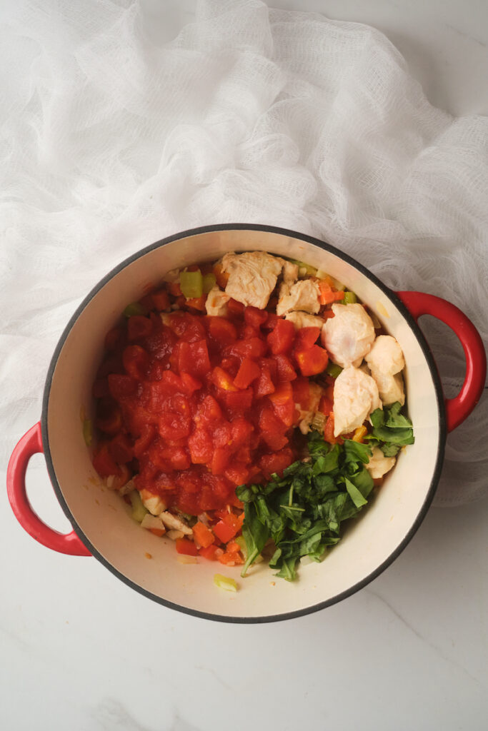 Ingredients in a pot to make sicilian chicken soup with basil and pasta