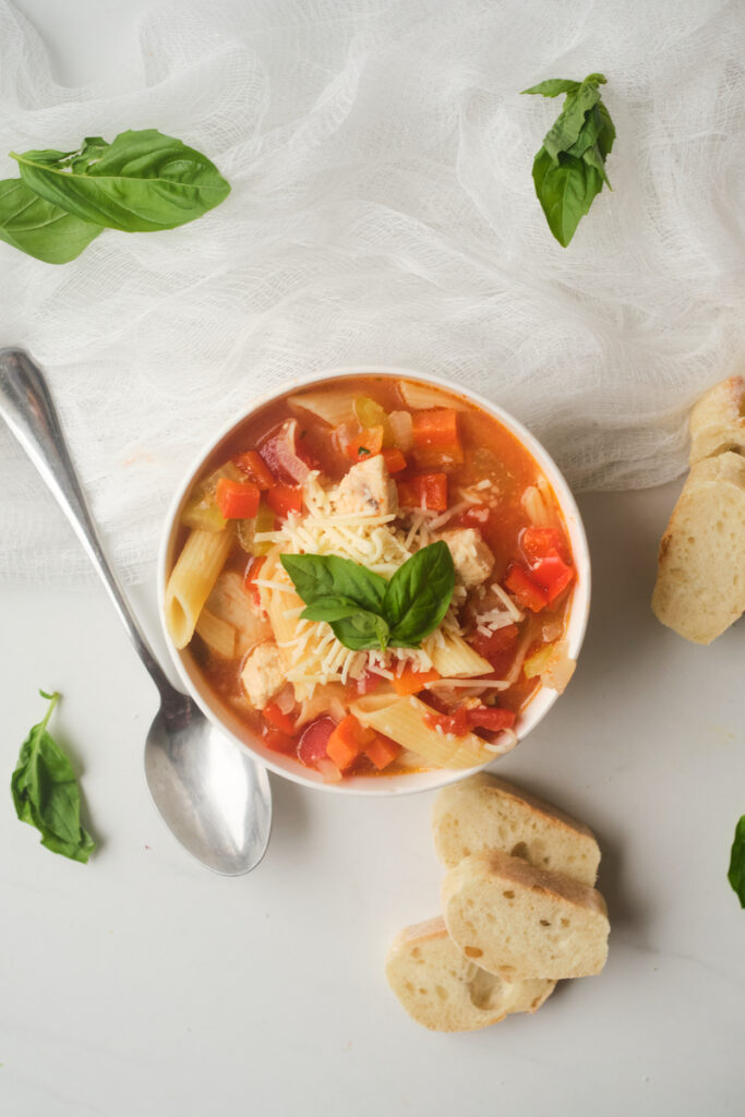 tomato veggie chicken basil soup with noodles