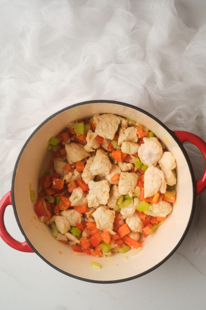 chicken and veggies in a large stock pot