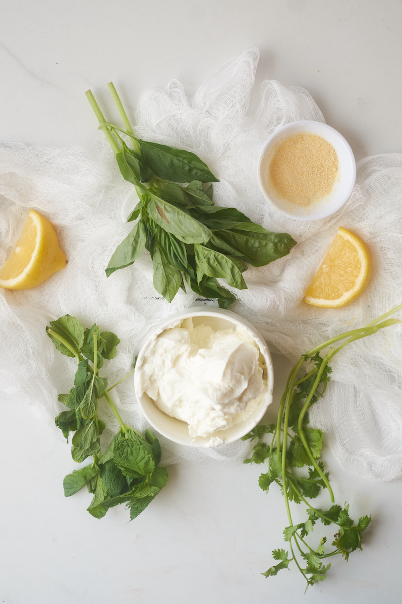 Ingredients for basil mint yoghurt dip to accompany yam fries