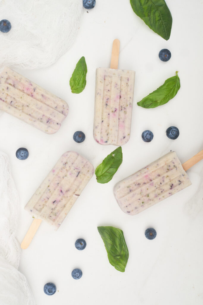 blueberry coconut milk popsicles with pomegranate and basil