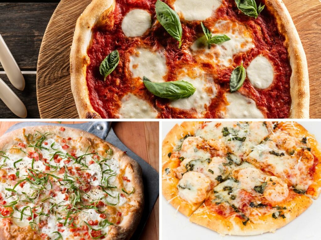 Collage of three different pizzas with basil on top, one pizza with fresh whole basil leaves, one with chopped or torn basil leaves, and one with basil chiffonade