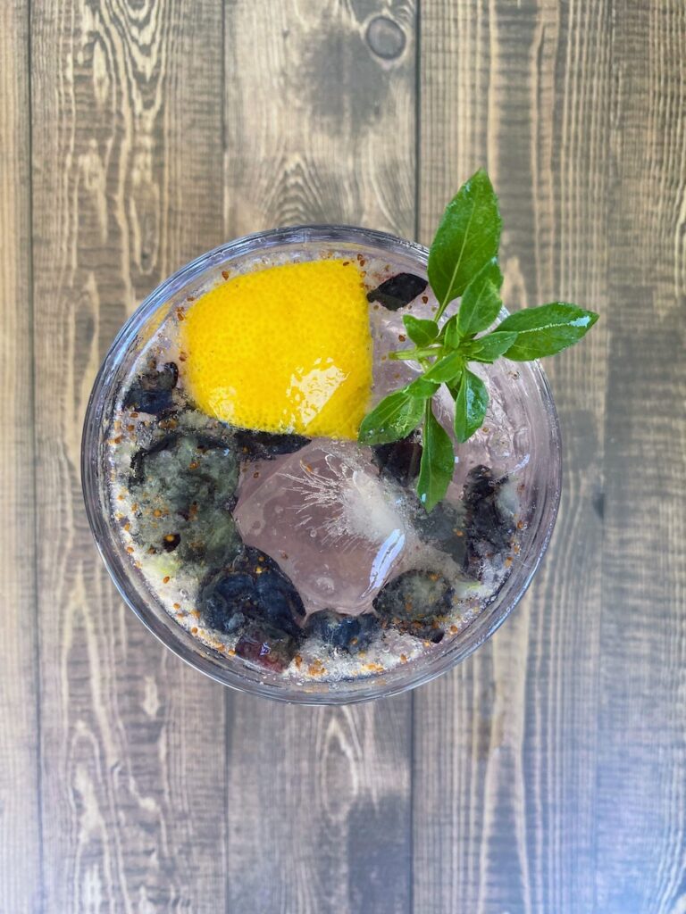 A lemon basil mocktail made with lemon basil simple syrup, fresh lemon and blueberries, a sprig of spicy bush basil, and sparkling water