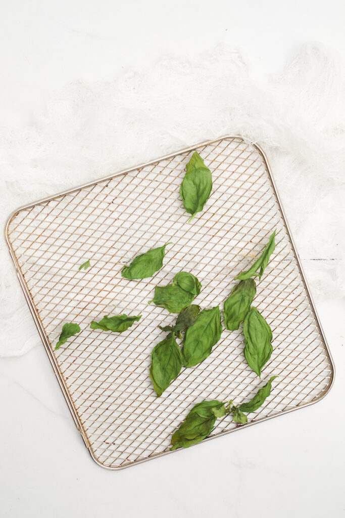 Basil leaves that are somewhat but not fully dry after 1 minute in an air fryer