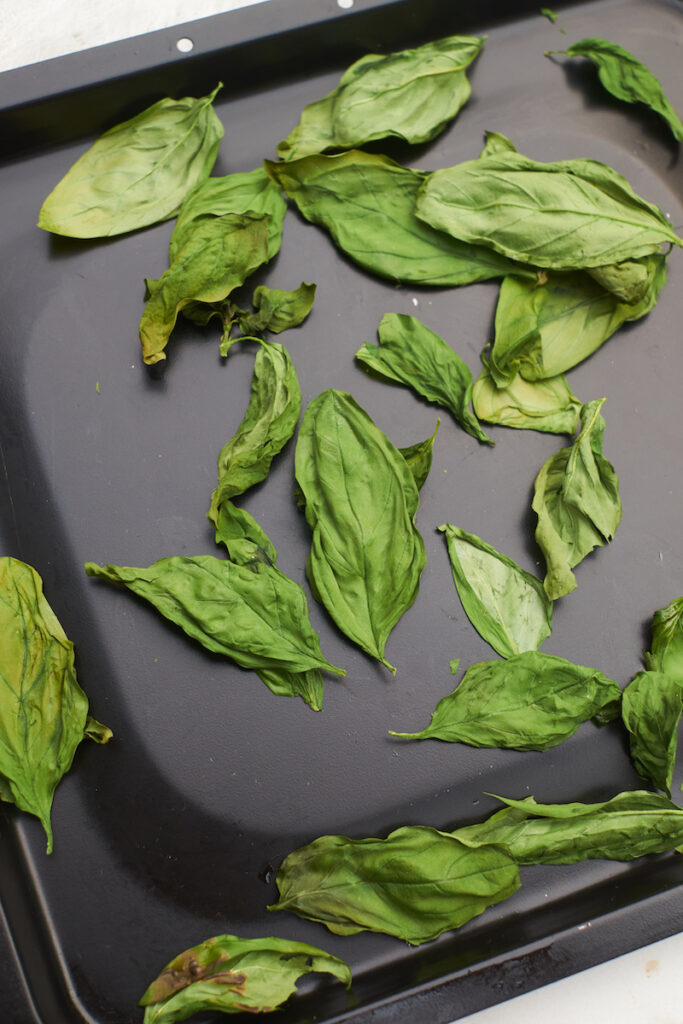 Baking sheet with whole dried basil leaves that have been dried in the oven. Part of tutorial about how to dry basil leaves in oven.
