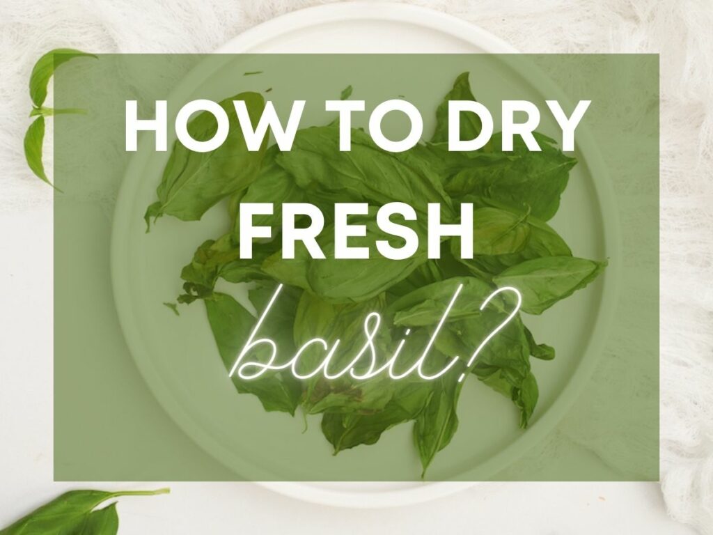 Plate of fresh basil dried at home in the microwave with text superimposed that says "How to dry fresh basil"